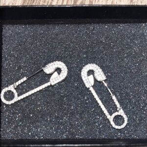 Crystal Safety Pin Drop Earrings — Silver Tone